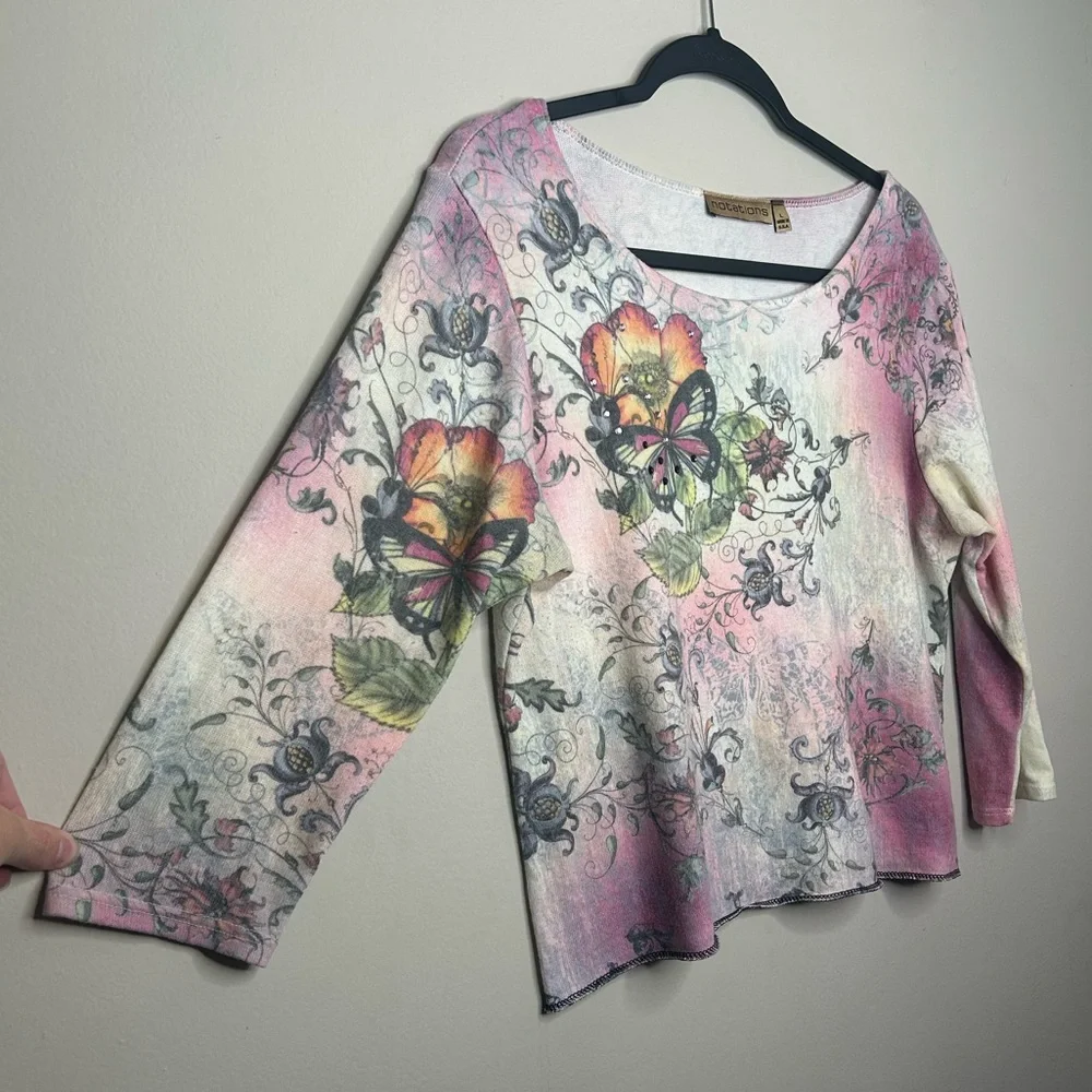 Vintage Y2K Butterfly Flower Rhinestone Bling 3/4 Sleeve Pink Notations Top L